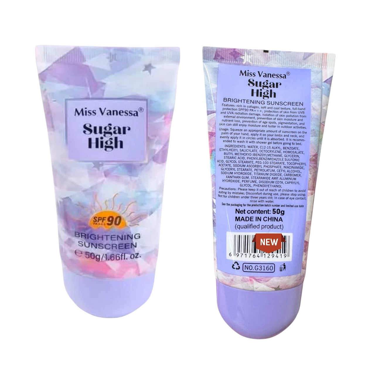 2-Pc Miss Vanessa SPF 90 UVB+UVA Sugar High Brightening Sunscreen, rich in collagen,niacinamide,moisturizing, makeup primer