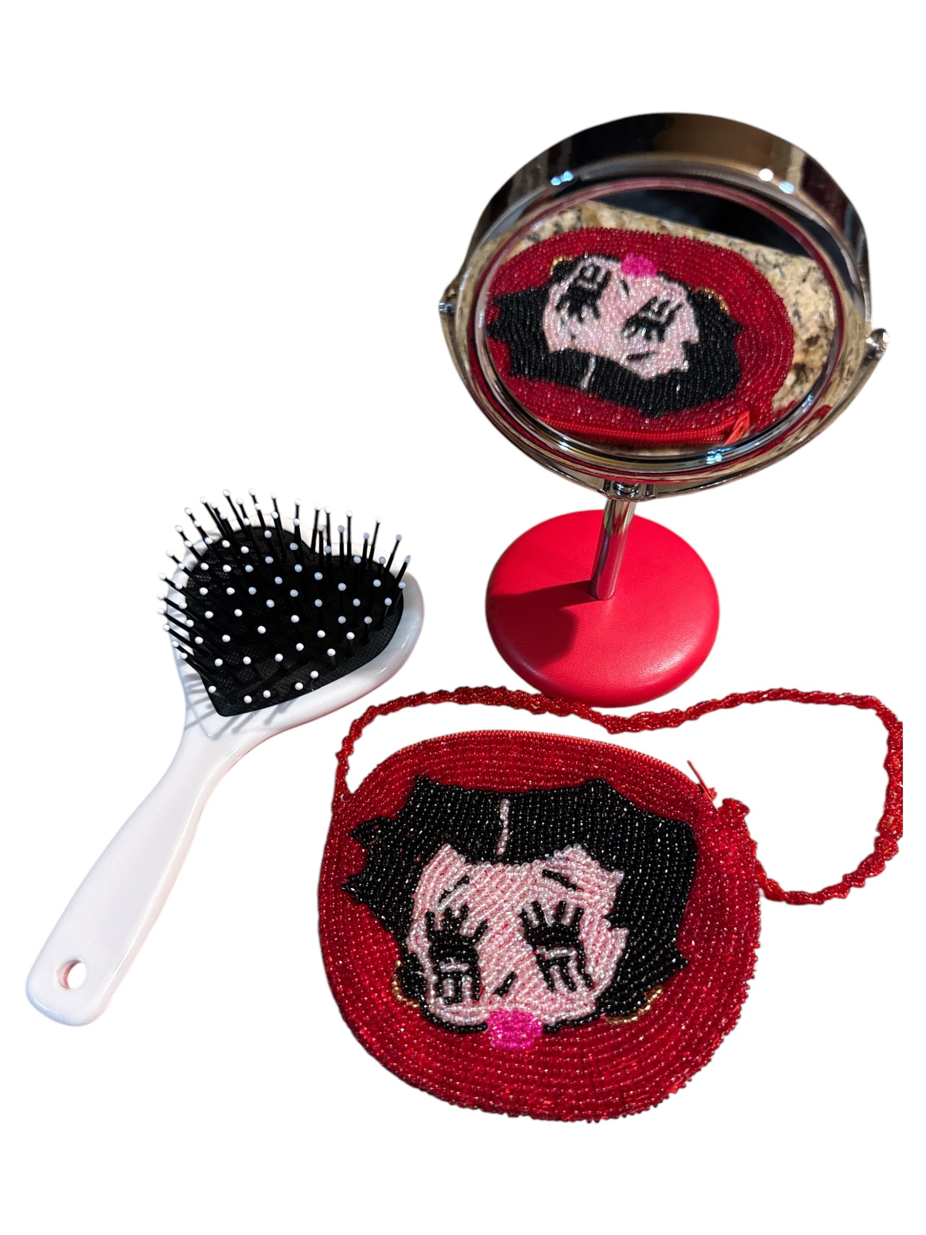 3-Pc Fashion Set,8x5in Glass beaded Purse Coin Purse,6x3in Hair Brush,and 6x4in Swivel Stand Mini Pristine Mirror Betty Boop Set
