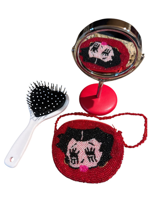3-Pc Fashion Set,8x5in Glass beaded Purse Coin Purse,6x3in Hair Brush,and 6x4in Swivel Stand Mini Pristine Mirror Betty Boop Set