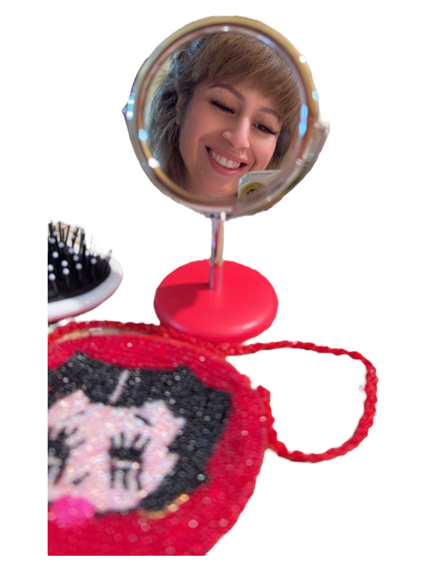 3-Pc Fashion Set,8x5in Glass beaded Purse Coin Purse,6x3in Hair Brush,and 6x4in Swivel Stand Mini Pristine Mirror Betty Boop Set