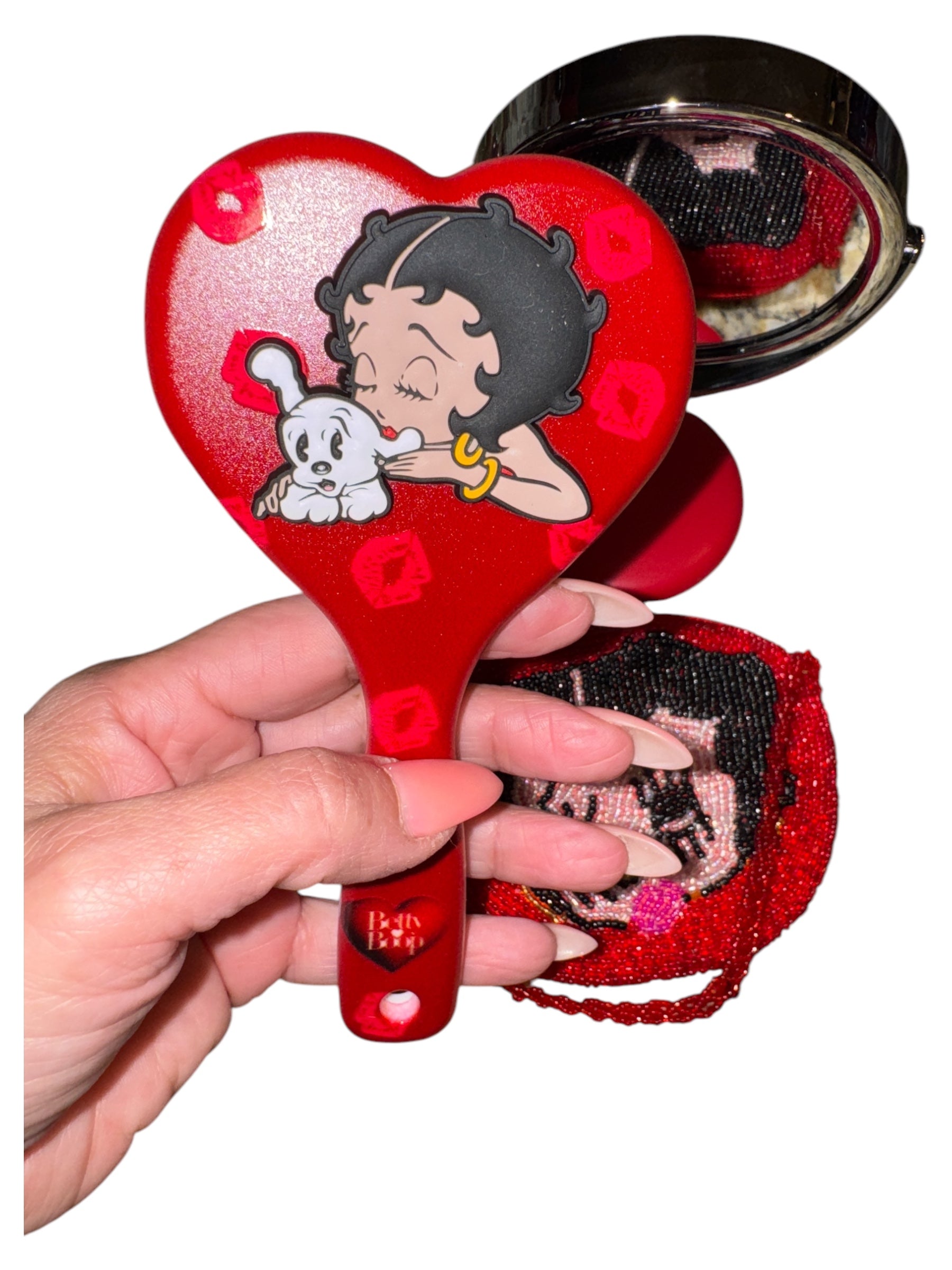 3-Pc Fashion Set,8x5in Glass beaded Purse Coin Purse,6x3in Hair Brush,and 6x4in Swivel Stand Mini Pristine Mirror Betty Boop Set
