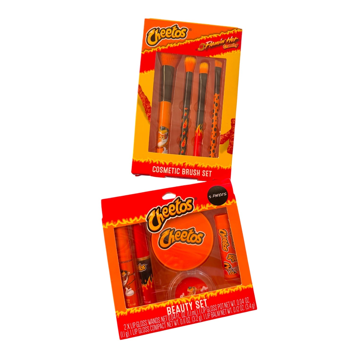 Flamin Hot Beauty 2X Set LIPGLOSS WANDS NET 0.04 FL. OZ.0.1 mL).| LIP GLOSS POT NET WT. 0.04 OZ. (.1 g).I LIP GLOSS COMPACT NET WT. Ö.IT OZ.(3.2 g). T LIP BALM NET WT. 0.12 OZ.(3.4 g) and 4-Pc Makeup brush set