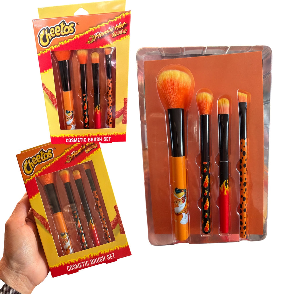 Flamin Hot Beauty 2X Set LIPGLOSS WANDS NET 0.04 FL. OZ.0.1 mL).| LIP GLOSS POT NET WT. 0.04 OZ. (.1 g).I LIP GLOSS COMPACT NET WT. Ö.IT OZ.(3.2 g). T LIP BALM NET WT. 0.12 OZ.(3.4 g) and 4-Pc Makeup brush set