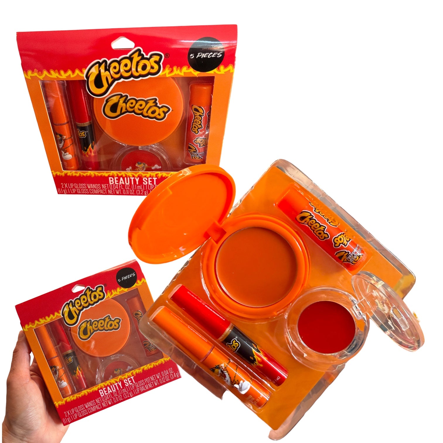 Flamin Hot Beauty 2X Set LIPGLOSS WANDS NET 0.04 FL. OZ.0.1 mL).| LIP GLOSS POT NET WT. 0.04 OZ. (.1 g).I LIP GLOSS COMPACT NET WT. Ö.IT OZ.(3.2 g). T LIP BALM NET WT. 0.12 OZ.(3.4 g) and 4-Pc Makeup brush set