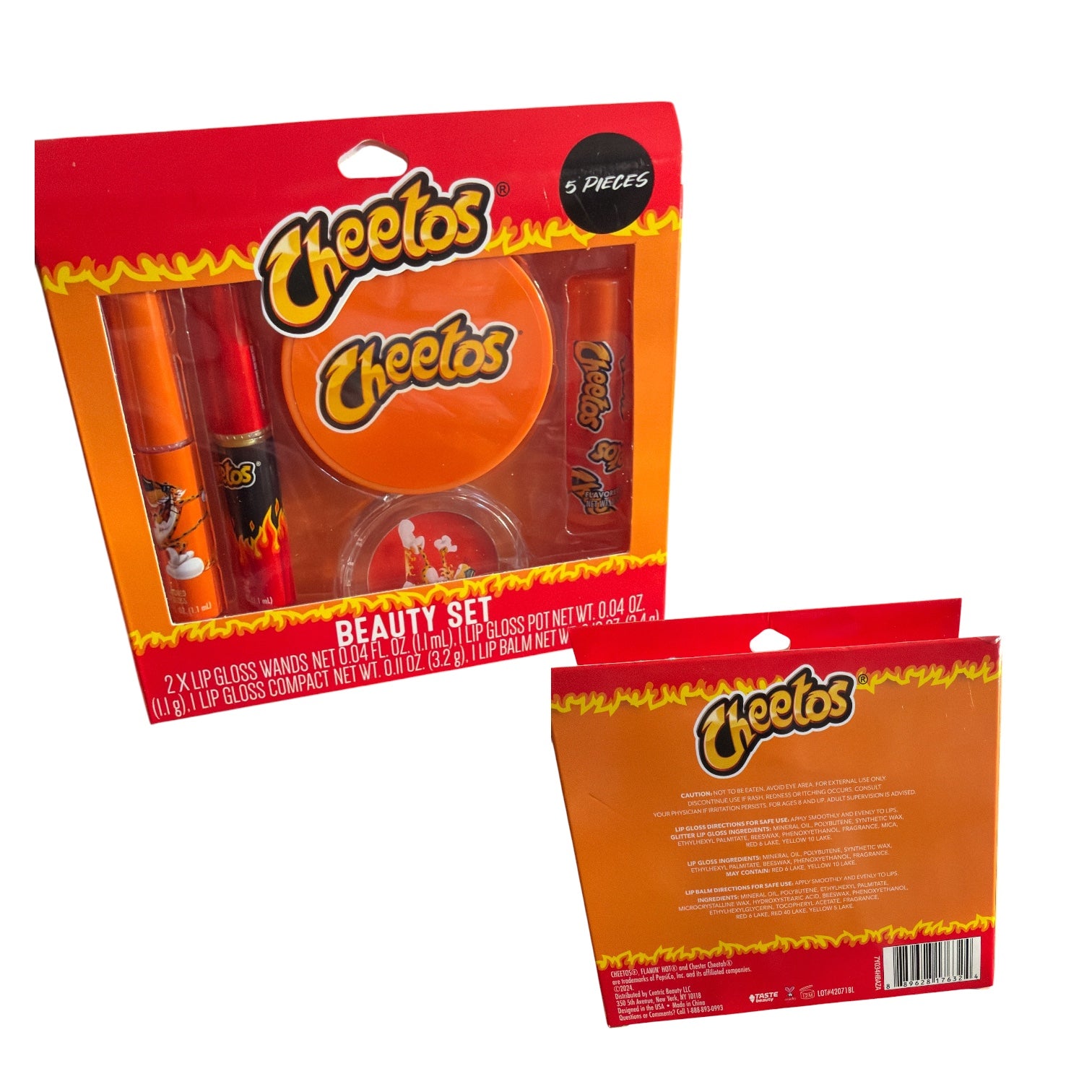 Flamin Hot Beauty 2X Set LIPGLOSS WANDS NET 0.04 FL. OZ.0.1 mL).| LIP GLOSS POT NET WT. 0.04 OZ. (.1 g).I LIP GLOSS COMPACT NET WT. Ö.IT OZ.(3.2 g). T LIP BALM NET WT. 0.12 OZ.(3.4 g) and 4-Pc Makeup brush set