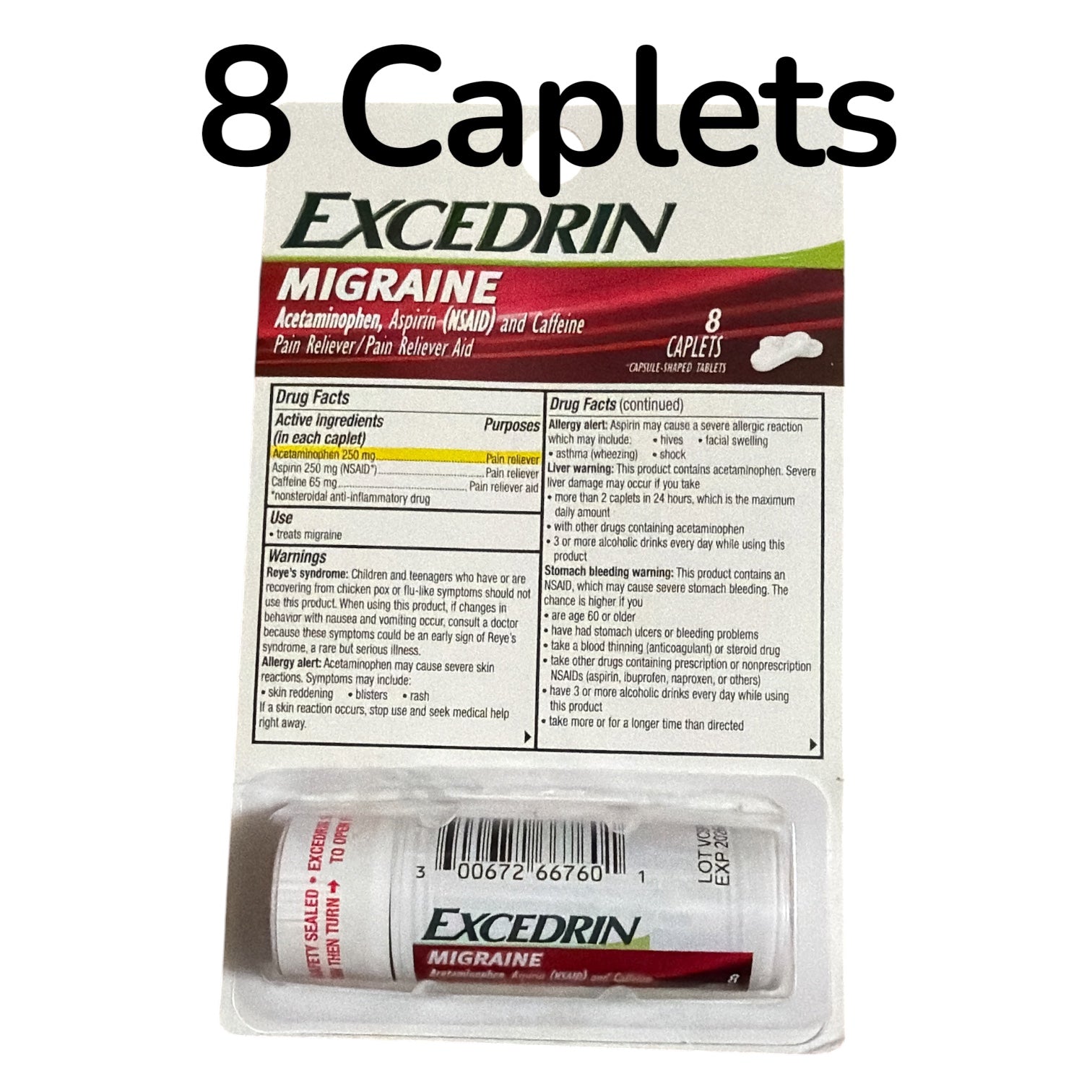 Excedrin Migraine Acetaminophen (nsaid) and caffeine 8 Caplets on the go