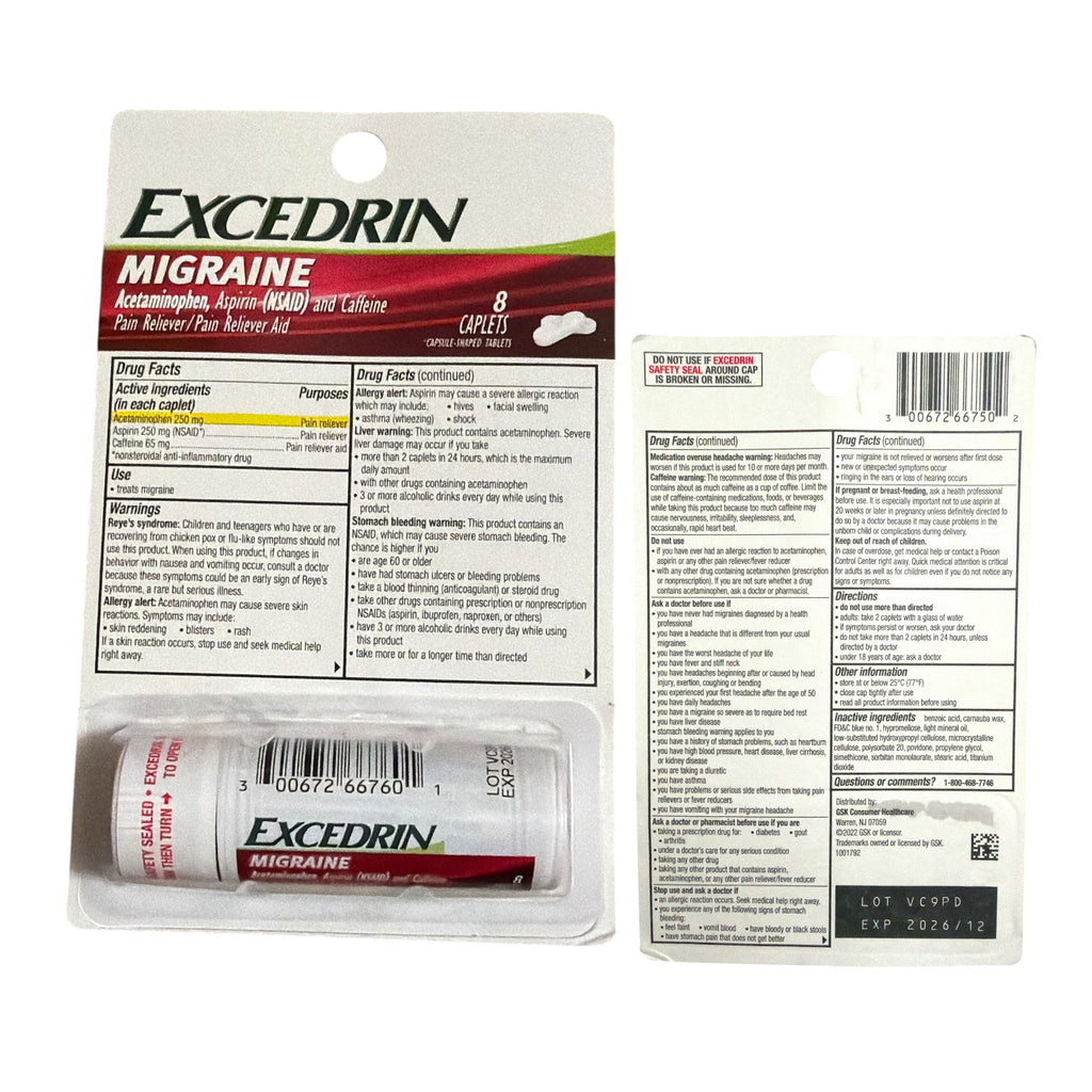 Excedrin Migraine Acetaminophen (nsaid) and caffeine 8 Caplets on the go