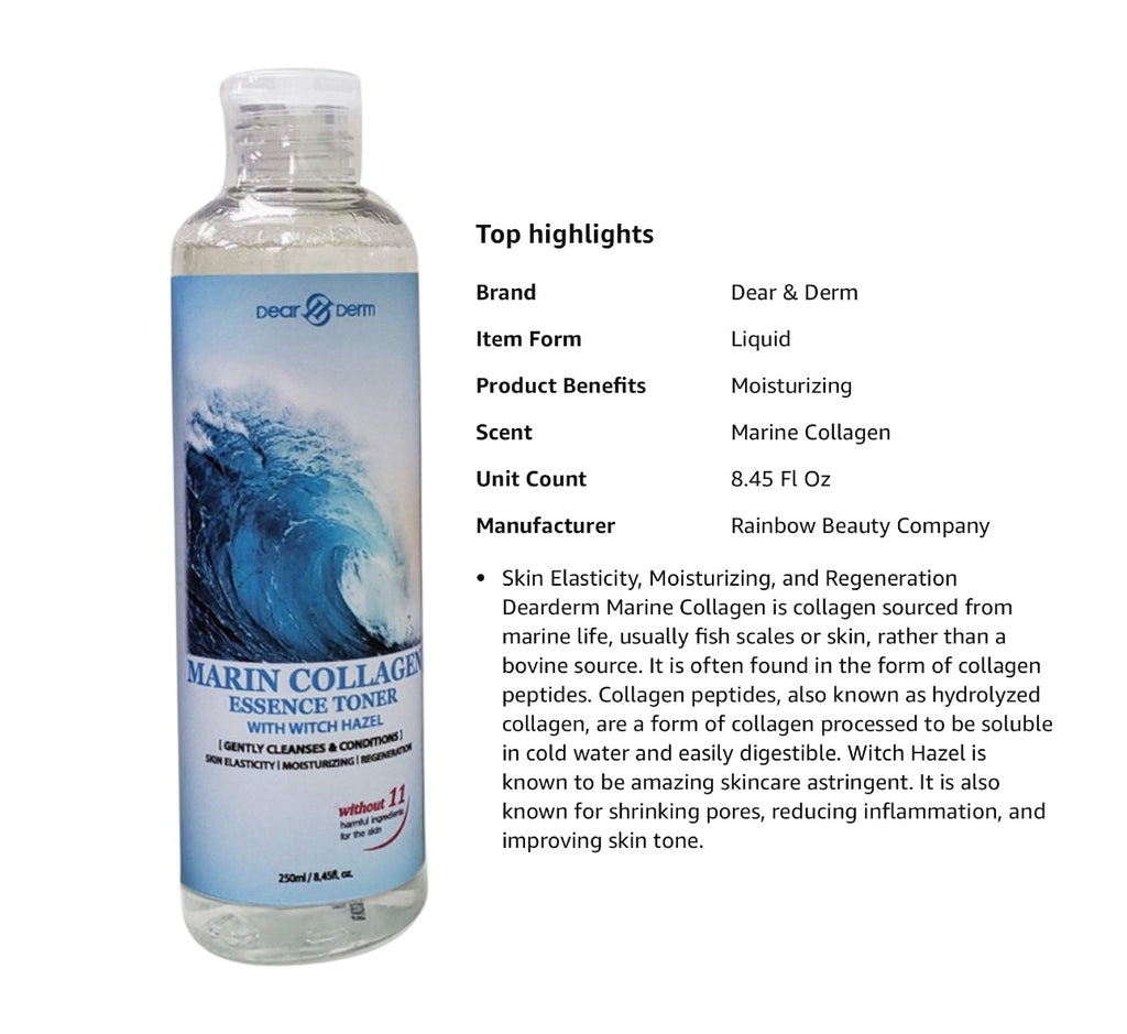 Dearderm Skincare Essence Face Toner 8.45fl.oz/250ml (with Witch Hazel) (Marine Collagen)(Aloe Vera)